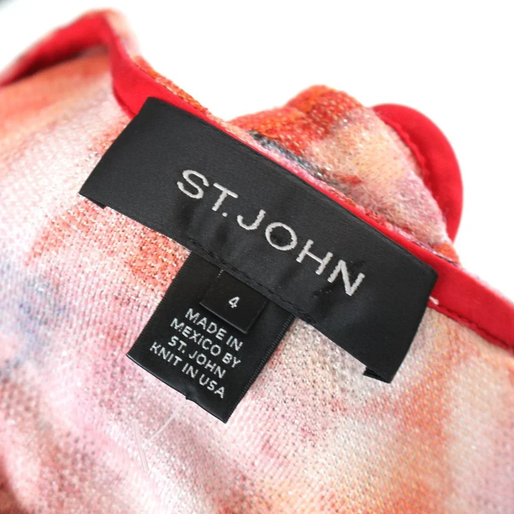 St. John Ribbed Red Abstract Floral Pattern Rhinestone Button Sweater Cardigan 4 - Picture 6 of 7